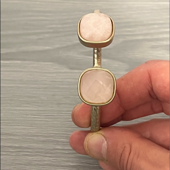 Vintage Gold Hinged Bangle Bracelet with Light Pink Gemstones, Boho - Picture 2 of 8